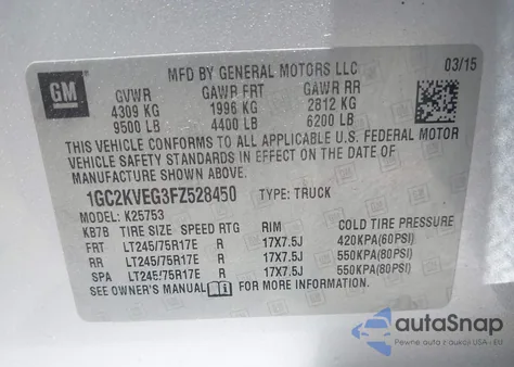 2015 Chevrolet Silverado 2500Hd Lt из США, поврежденный, VIN 1GC2KVEG3FZ528450